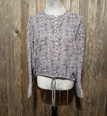 Mossimo M Top Blouse Blue Pink Geo Long Sleeve Henley Drawstring Tie Front - Image 1 of 4