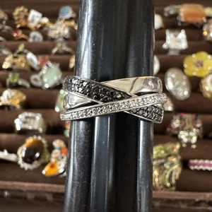Black & White Diamonds Sterling Silver Ring ~ Size 11- beautiful crossover ring - Picture 1 of 5