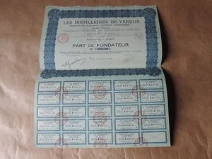 Ancien Part de fondateur Les distilleries de verdun 1930  alcool coupon  - Picture 1 of 6