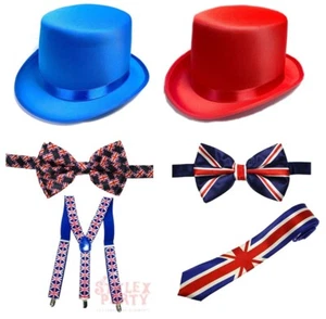 Union Jack Flag Hats Mens Womens Fancy Dress Hats Bow Tie Party Costume - Picture 1 of 6