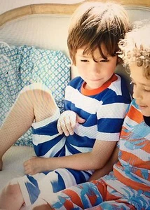 NWT 4/5 Mini Boden Blue & White Striped Shortie Pajamas Red Neck Ribbing - Picture 1 of 3
