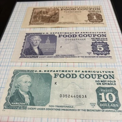 Framed USDA Food Stamps $1 $5 $10 Full Coupon 1970’s 1980’s Vintage Collectible  - Image 1 of 4