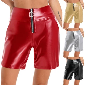 Pantalones Cortos de Motociclista Metálicos Brillantes Cintura Alta Frontal Bolsillos con Cremallera Bodycon para Mujeres - Imagen 1 de 48