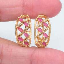 18K Yellow Gold Filled Women Rose Red Topaz Hollow Out Hoop Huggie Earrings