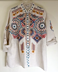 John Mark Gr. XL 100% Leinen Tunika Shirt bestickt Seitentaschen Riegelärmel - Bild 1 von 14