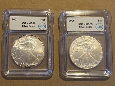 Lote de 2 American Silver Eagles 2006 + 2007 ICG MS69 Foto 1 de 4