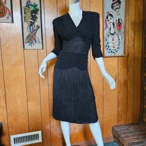 Vtg 40s Film Noir Jean Carol Peggy Hunt Flapper Fringe Formal Cocktail Dress S - Picture 1 of 10