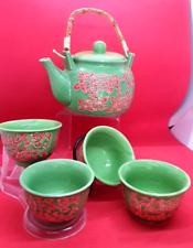 Chinese  Hand painted Teapot , Bamboo Handle  & 4 Cups - never used.