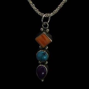Sterling Silver - Turquoise Spiny Oyster & Amethyst Pendant 18" Necklace - 7g