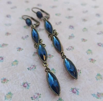 Pendientes Michal Negrin Azul Oscuro Profundo 3" Largo y Marquesa Cristales Swarovski Regalo Foto 1 de 4