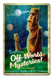 Vintage Styled Metal Sign Tiki Moai Easter Island Space Pulp Art Tiki Bar Decor - Picture 1 of 1