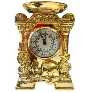 BATH BODY WORKS Skull & Roses Glow in the Dark Clock Candle Holder Gold Pedestal - Picture 1 of 9