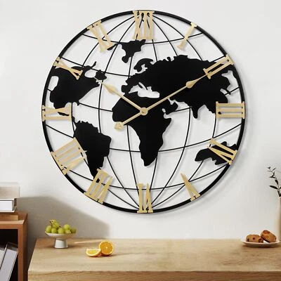LEIKE Large Wall Clock 24IN, World Map Modern Style Wall Clocks, Big Clock fo... - Image 1 of 4