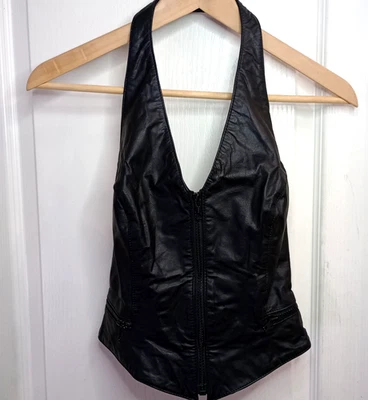 Wilsons Motociclista Cuero Halter Top Negro Cremallera Frontal Moto Corsé Estilo Mujer’s M Foto 1 de 4