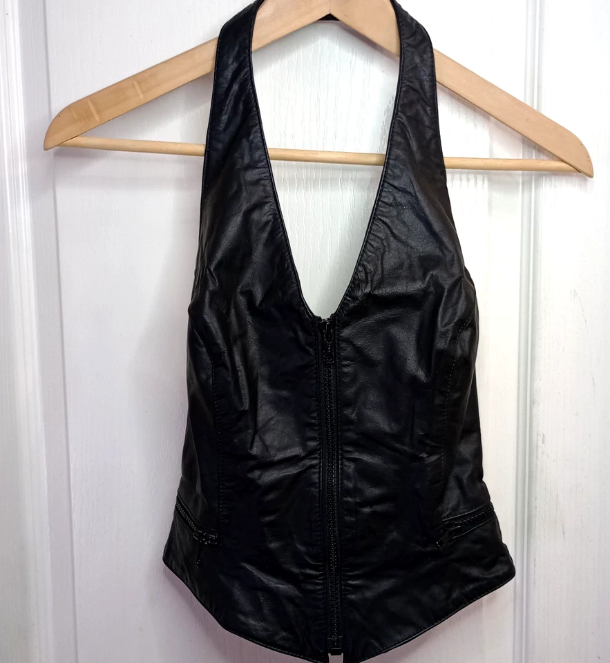 Wilsons Motociclista Cuero Halter Top Negro Cremallera Frontal Moto Corsé Estilo Mujer’s M Foto 1 de 4