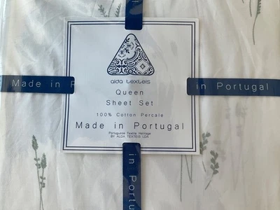alda Texteis~100% Algodón~Juego de Sábanas REINA~Hecho en Portugal~Blanco/Salvia/Verde~NUEVO CON ETIQUETAS~ Foto 1 de 4