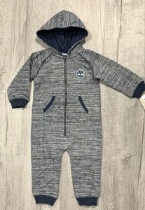 NWT Timberland One Piece Jumpsuit Boys 18M Hood Blue Heather Long Sleeve Pockets - Picture 1 of 4