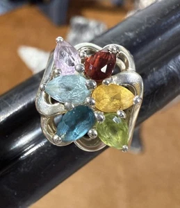Anillo con racimo de múltiples piedras preciosas de plata de ley 925 tamaño 7 ~ granate, topacio, citrino - Imagen 1 de 7