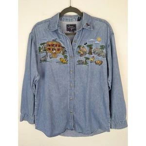Vintage Shirt Oberteil Denim Quizz Again Arche Noah Tiere Stickerei blau Gr. S - Bild 1 von 9