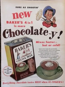 Anuncio impreso Baker's Cocoa Mix vintage. Anuncio original de principios de los años 50 - Imagen 1 de 1