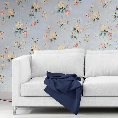 Papel Pintado Floral Rosa Flores Rústico Gris Plata Metálico Texturizado Imitación Yeso Foto 1 de 4