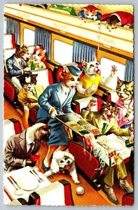 Mainzer Cats on Train Dinner Poodle Anthropomorphic Dressed Animal Postcard L10 - Picture 1 of 2