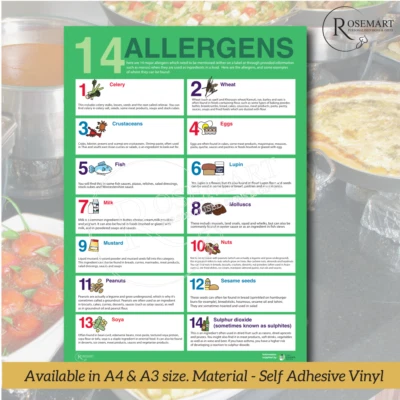 ROSEMART SIGNS LIMITED 14 food allergens allergy kitchen catering safety vinyl sticker poster FSA