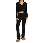 2Pcs Ladies T Shirt Pants Set Ribbed Knitted Y2k Women Long Sleeve Top Trousers