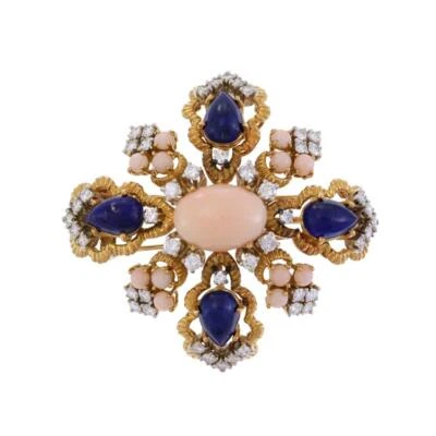 Vintage 4ct Diamond Lapis Coral 18k Gold Large Floral Brooch - LIQUIDATION - Image 1 of 4