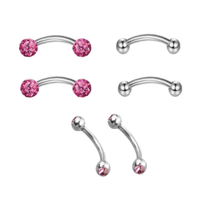 6pc Steel Crystal Ball Barbell Curved Eyebrow Ring Bar Body Piercing Jewelry Set - Image 1 of 4
