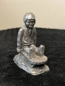 Vtg. Michael MA Ricker Pewter Signed Number Child Sledding Figurine - Picture 1 of 8