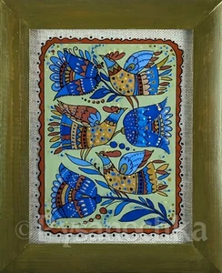 Pintura popular tradicional ucraniana sobre vidrio hecha a mano decoración de pared enmarcada 19x24 - Imagen 1 de 12