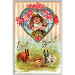 Antique Postcard Easter Greetings Bunny Rabbits Eggs Nest Girl Flowers Heart Hol - Picture 1 of 2