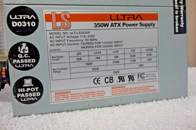 Ultra ULT-LS3500P 350 Watt ATX Computer PC Power Supply LS 20/24 pin Desktop - Image 1 of 4