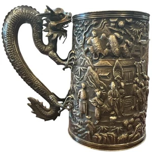 Antique Qing Dynasty Mug Large Sterling Dragon Battle Export China Trade 1893 - Picture 1 of 3