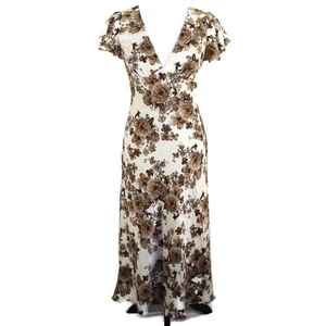 Storia Floral Midi Dress Womens Size S Brown Ivory V Neck Flutter Sleeve - Picture 1 of 7