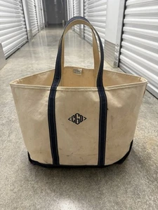 Vintage L.L.Bean Large Canvas Boat And Tote Bag with Monogram and Navy Stripes - Picture 1 of 4