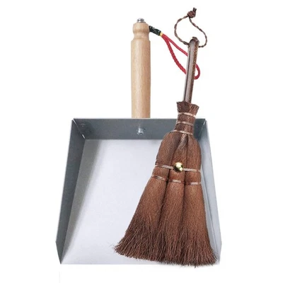 Mini Metal Dustpan and Brush Set Natural Bristle Hand Broom  Fireplace Woodstove - Image 1 of 4