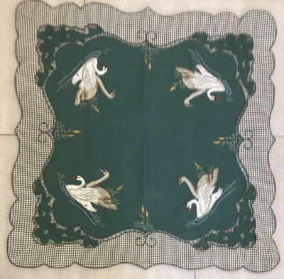 Swans Table Topper Runner embroidered green & checkered 32" x 32" - Image 1 of 3