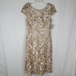 Alex Evenings Womens 8 Tea Length A line Sequin Light Champagne Gold Biege Dress - Picture 1 of 8