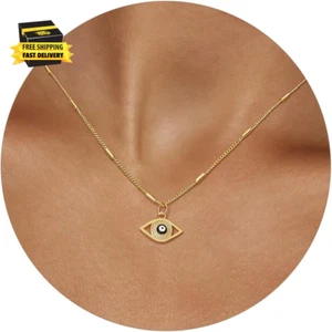 Dainty Gold Necklace for Women, 14K Gold Plated Evil Eye Heart Pendant Chocker N - Picture 1 of 6