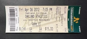 Boleto de los Seattle Mariners vs Oakland Athletics 2012 ¡Día inaugural del 6/04/12! ¡Como nuevo! - Imagen 1 de 2