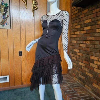 Vtg 80s Iconic Disco Illusion Fishnet Polka Dot Backless Cocktail Party Dress S - Image 1 of 4
