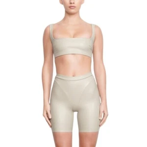 Skims Faux Leather Biker Shorts Pull On Short Shell Beige Size XXS NEW - Picture 1 of 6