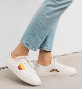 Soludos women’s leather embroidered rainbow peace out tennis shoes white Sz 8 - Picture 1 of 10