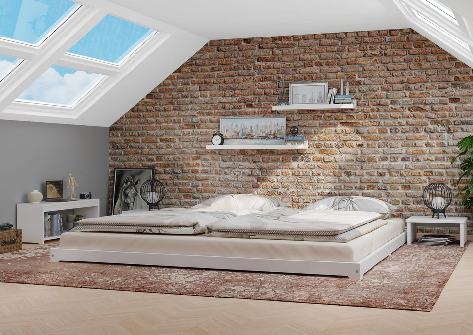 Weißes Ehebett 180x200 Kiefer massiv extra flaches Futonbett Japanisches Bett - Bild 1 von 1