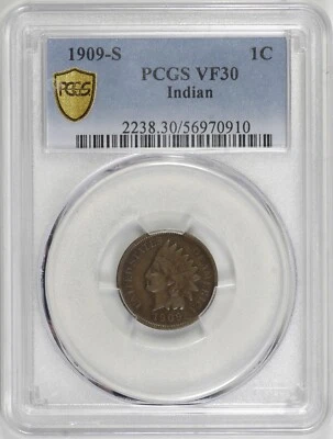 1909-S Indian Head Cent 1c PCGS VF30, Key Date [BN910] - Image 1 of 4