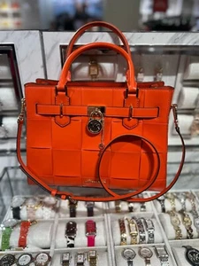 Michael Kors Hamilton Women Medium Woven Crossbody Satchel Bag Handbag Red Clay - Picture 1 of 13