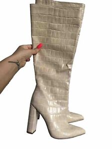 Croc Print Cream Beige Heel Boots Prettylittlething