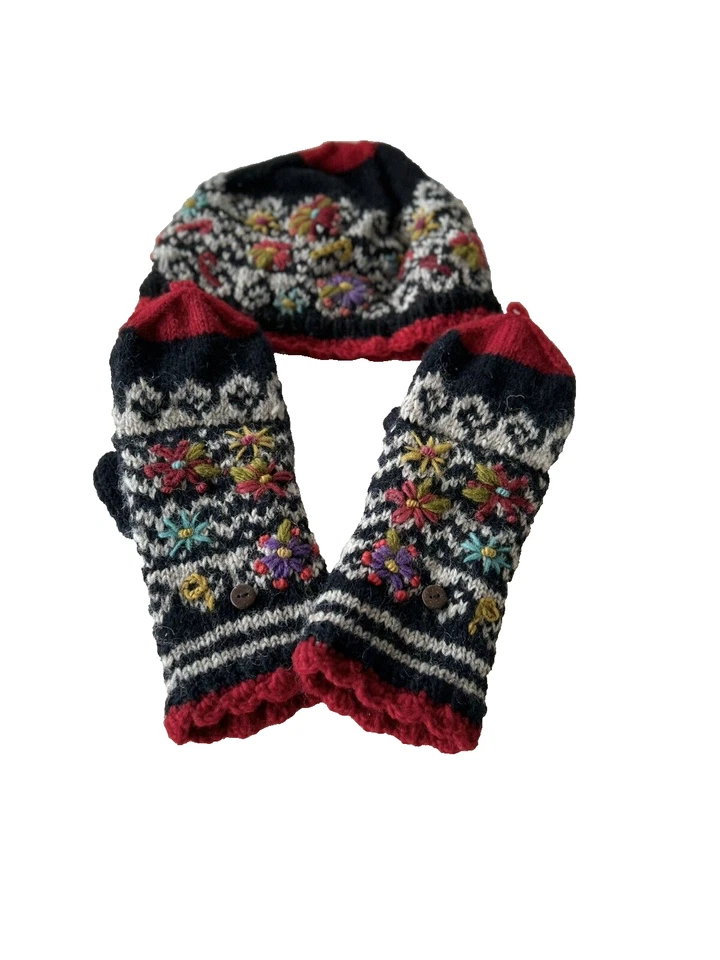 Lost Horizons Handmade In Nepal 100% Wool Hat & Fingerless Mittens - Image 1 of 4